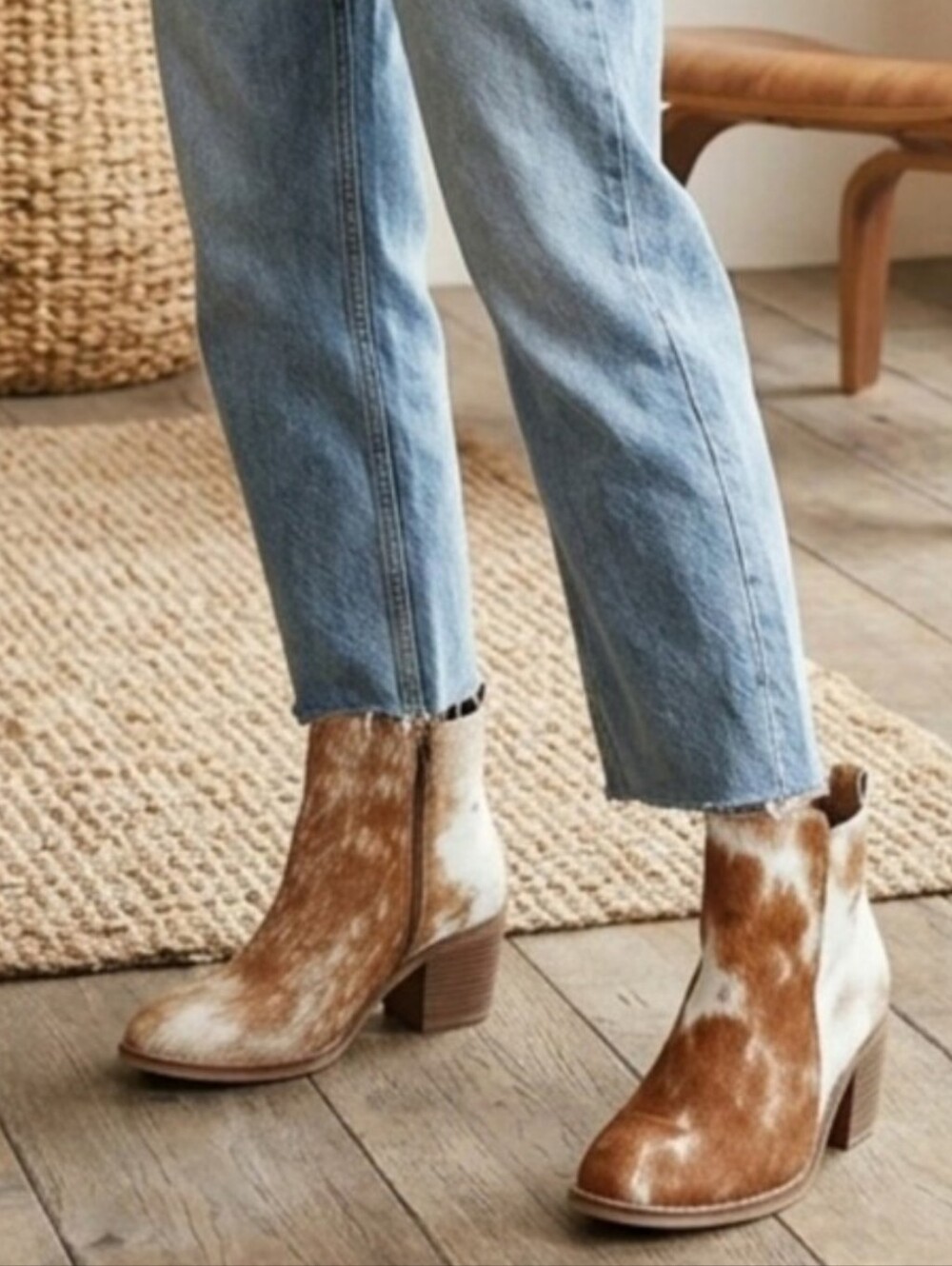 Myra Tan Brown White Calf Hair Leather Western Maximalist Boho Ankle Boots Sz 6